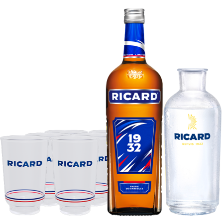 PACK RICARD EDITION LIMITEE 1L + 6 VERRES ALLONGES COLLECTOR + CARAFE