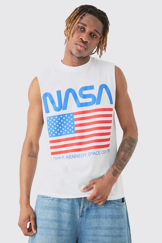 Tall weißes Tanktop mit Nasa-Print