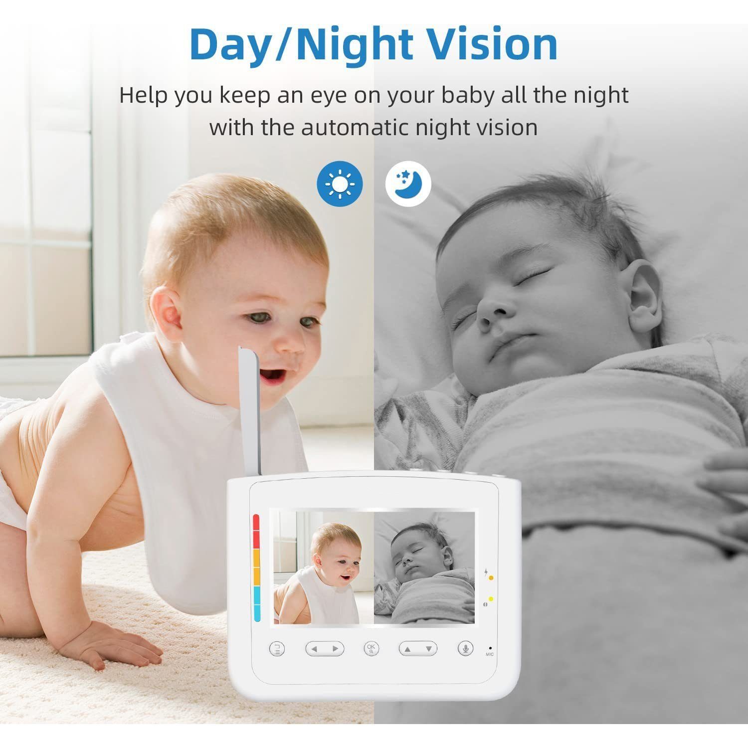 Mutoy Video-Babyphone Babyphone mit Kamera, 4,3-Zoll-LCD-Bildschirm, Ferngesteuerter Pan-Tilt-Zoom, Nachtlicht, Infrarot-Nachtsicht, Temperaturanzeige, Schlaflieder, Zwei-Wege-Audio, Gegensprechfunktion und Smart ECO-Modus