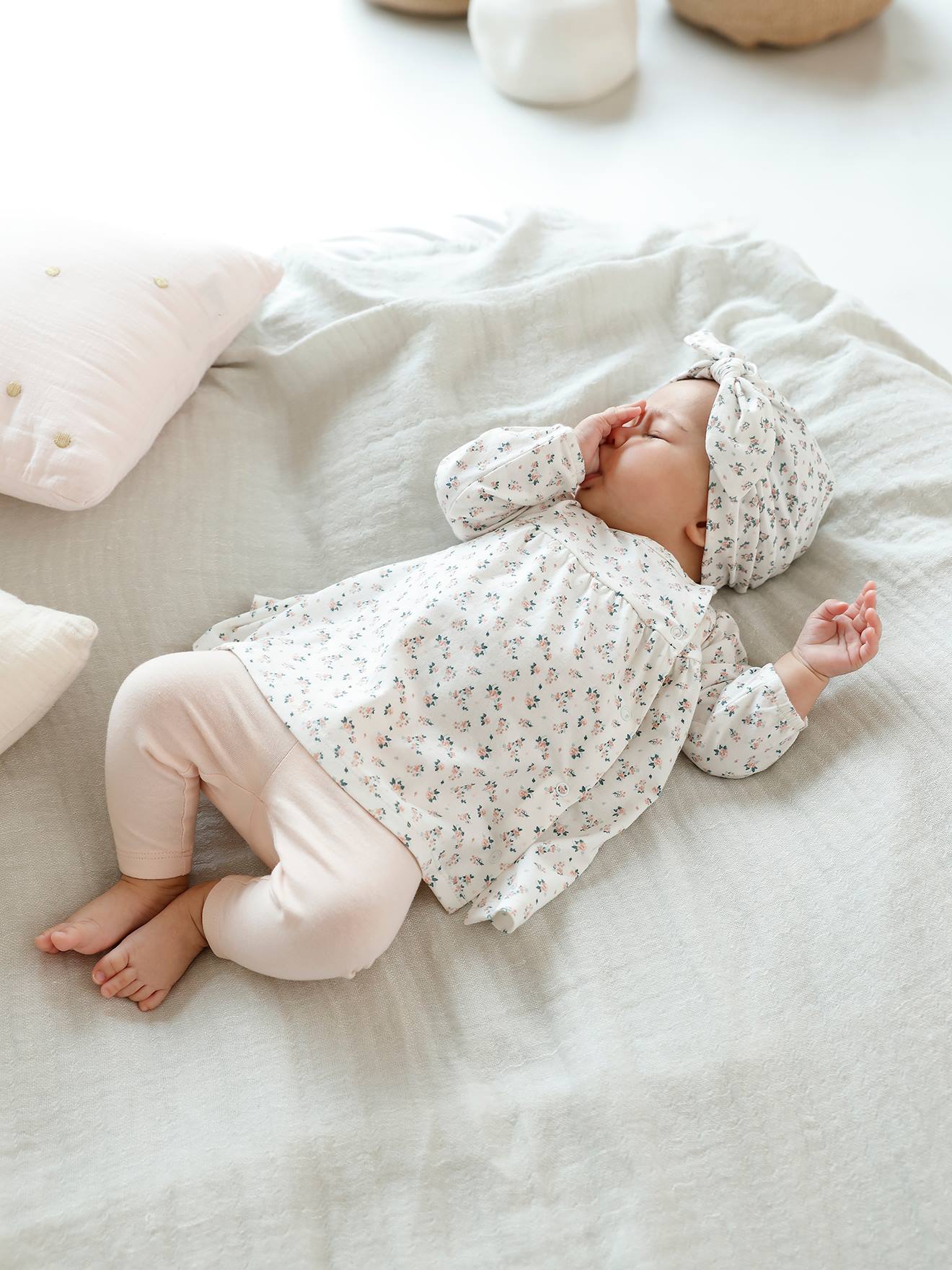 Ensemble bébé naissance 3 pièces bandeau, robe à motifs et legging nude imprimé