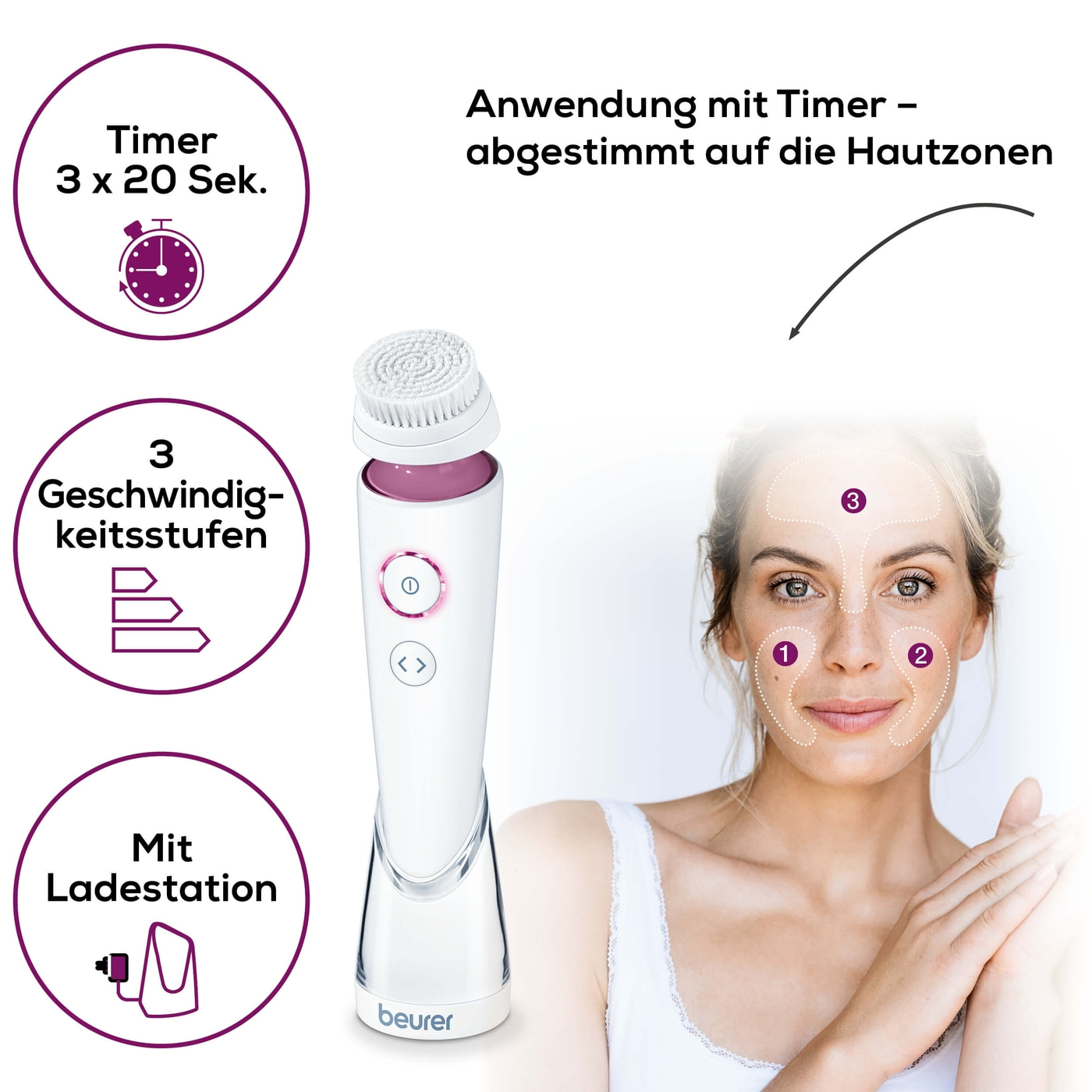Beurer Gesichtsbürste FC 95 Pureo Deep Cleansing-Gesichtsbürste mit 4 Bürstenaufsätzen für jeden Hauttyp