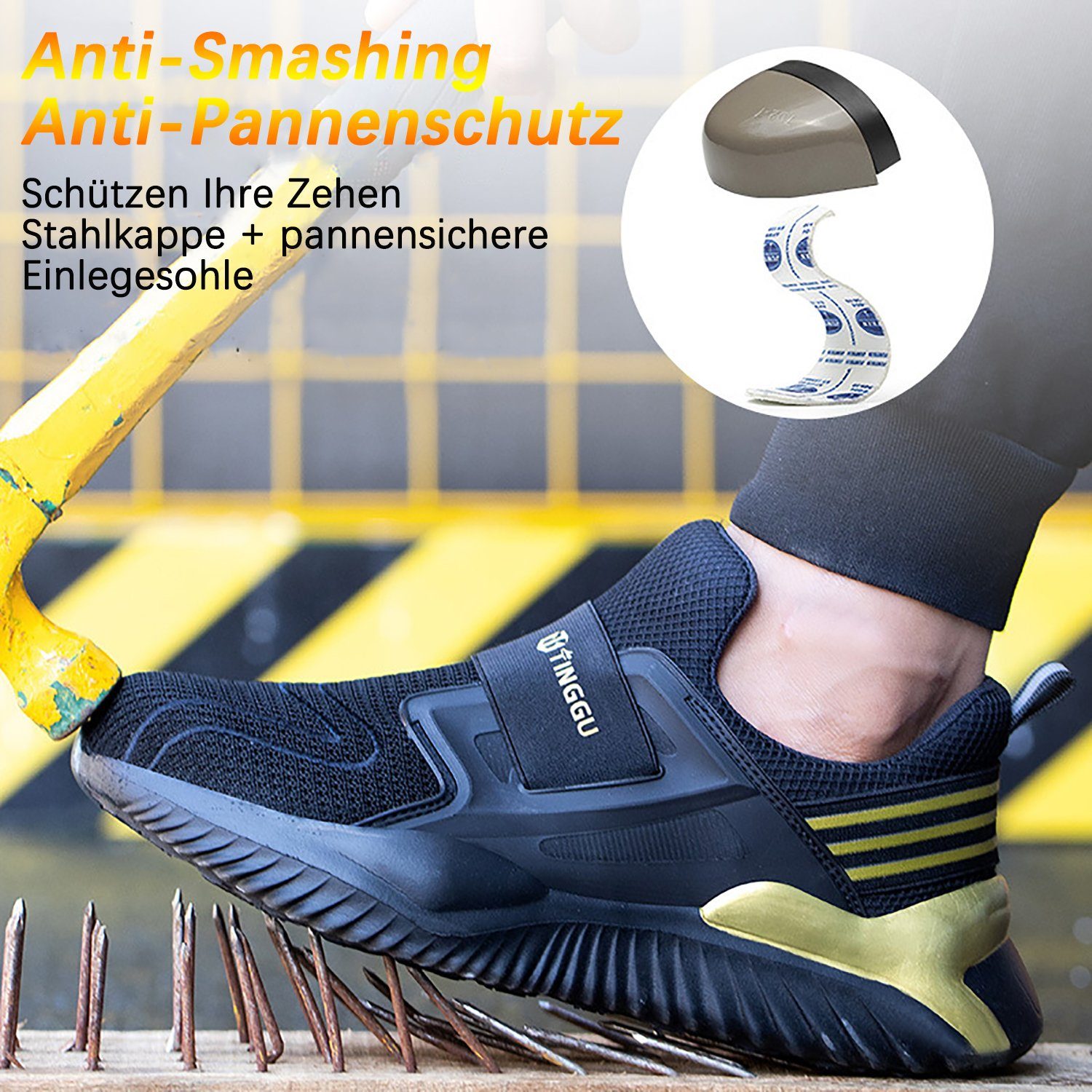 Daisred Arbeitsschuhe mit Stahlkappe Slip-on Schutzschuhe Sicherheitsschuh