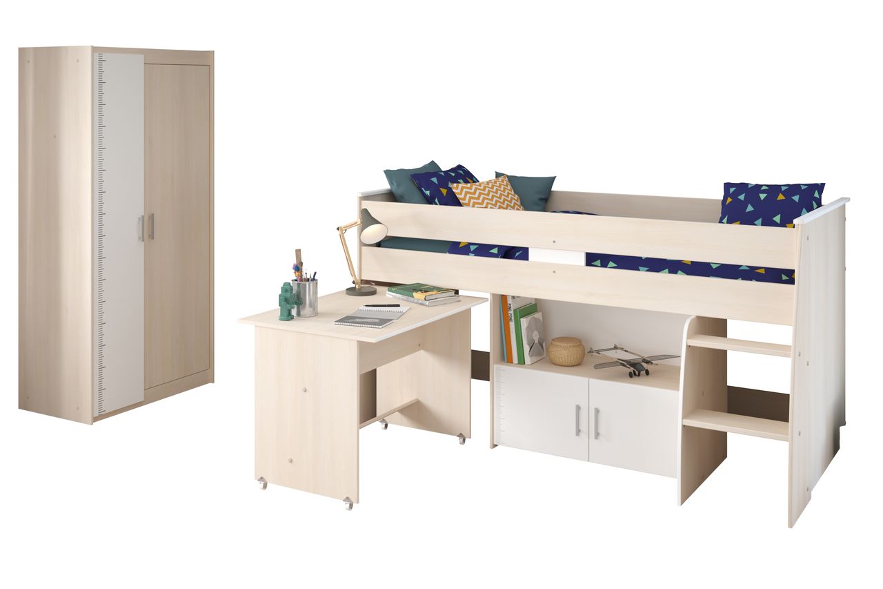 Parisot Hochbett mit 2-trg. Kleiderschrank, Charly 5 - mit ausziehbarem Schreibtisch