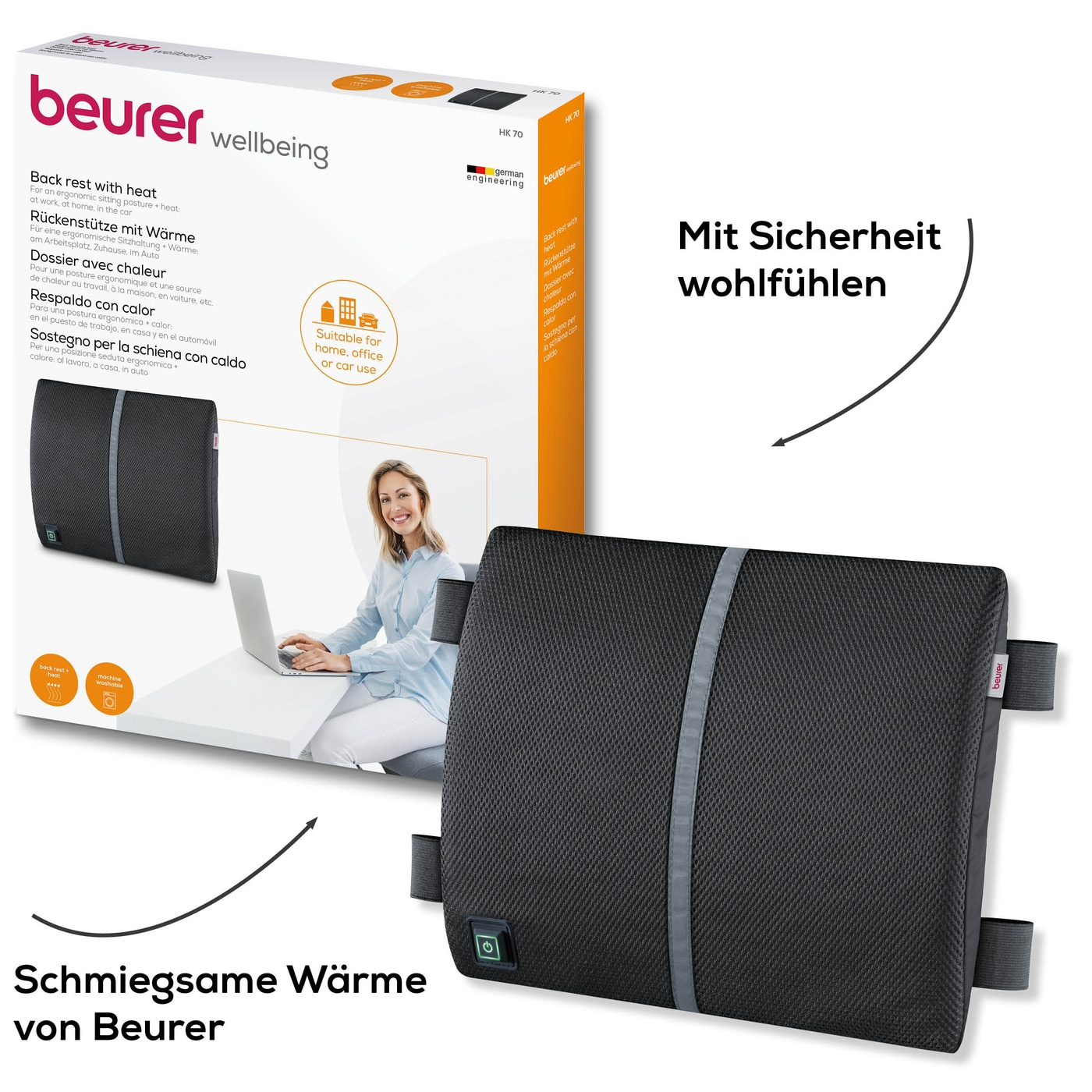 Beurer Heizkissen mit Rückenstütze HK 70-Ergonomische Rückenstütze mit Wärme & praktischer Sitzbefestigung