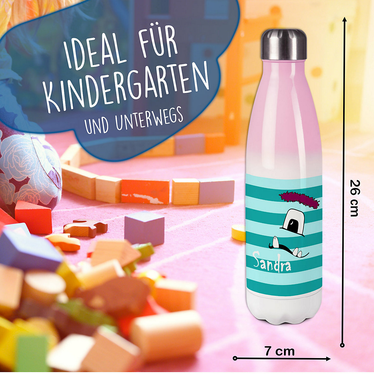 Edelstahl Kinder Thermoflasche / Trinkflasche bunt Monster Streifen Farbe türkis Spülmaschinenfest, Auslaufsicher, Bruchfest, Doppelwandig, Für Heißgetränke geeignet, Mit Deckel, Isoliert