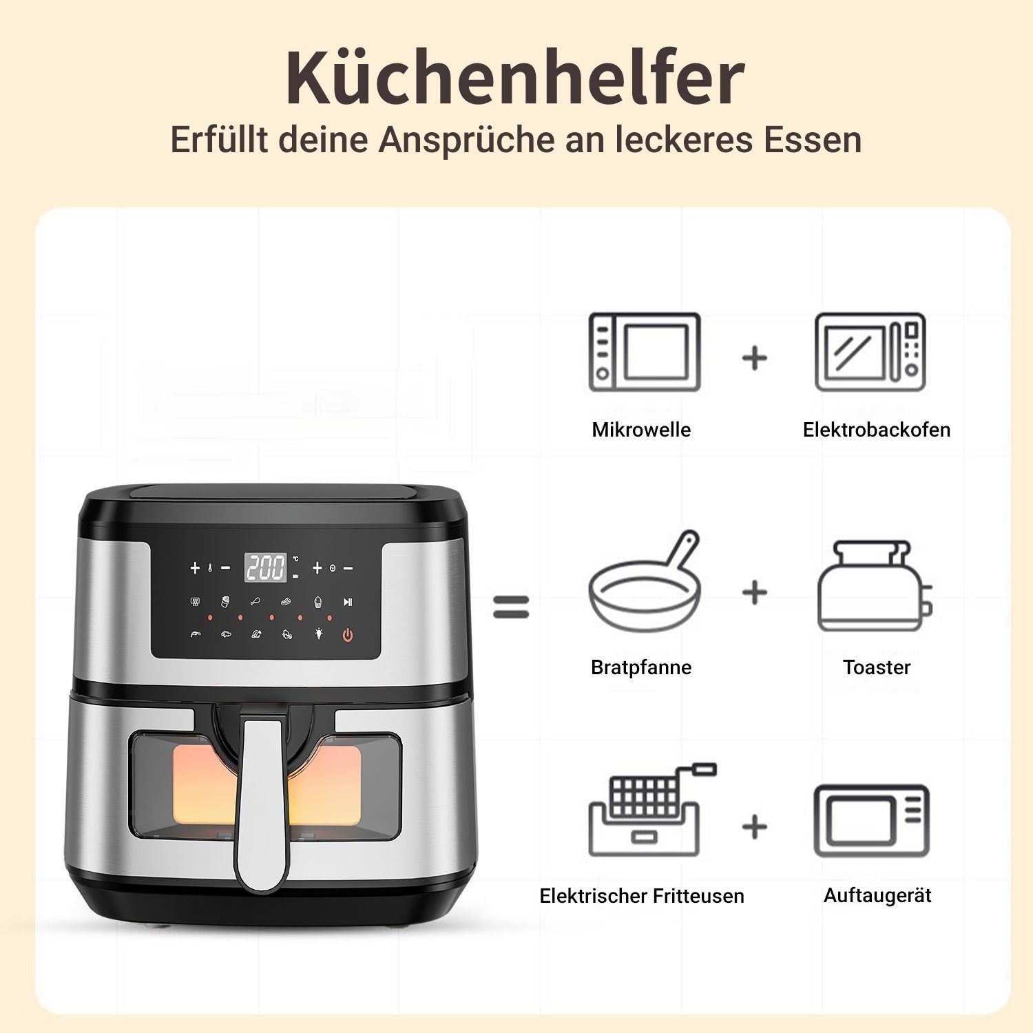 Yaviel Heißluftfritteuse 8L/9.7L Heizluft Fritteuse XXL Air Fryer Ohne Öl LED Touchscreen, 1600,00 W, Airfryer Einstellbare Zeit/Temperaturregelung 12 Programmen für Braten