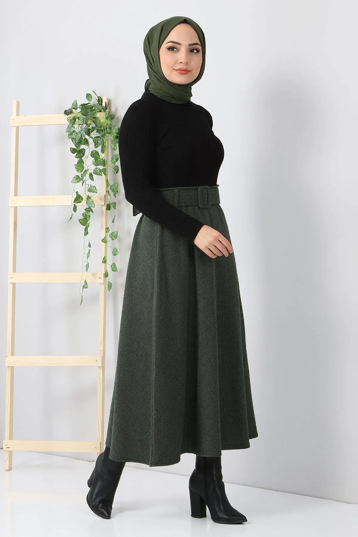 Tesettür Dünyası  Mevlana-Rock mit Fischgrätenmuster Tsd0047 Khaki