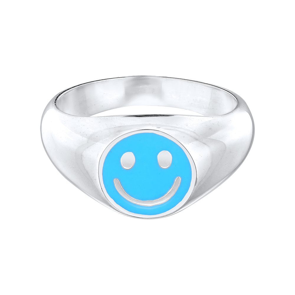 KUZZOI KUZZOI Bague Hommes Sceau Smile Emoji avec émail bleu en argent sterling 925 Bague