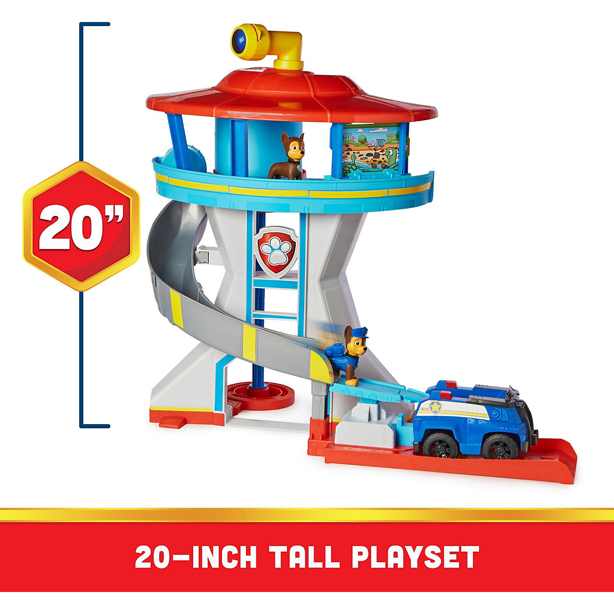 PAW Patrol. 10. Jubiläum, Lookout Tower, Hauptquartier Spielset mit 1 Chase Basis Fahrzeug, 2 Chase Figuren und Zubehör, geeignet für Kinder ab 3 Jahren