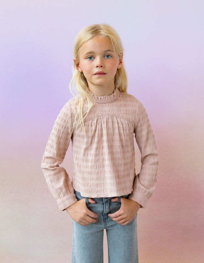 Blouse rose gaufrée avec tulle au col fille