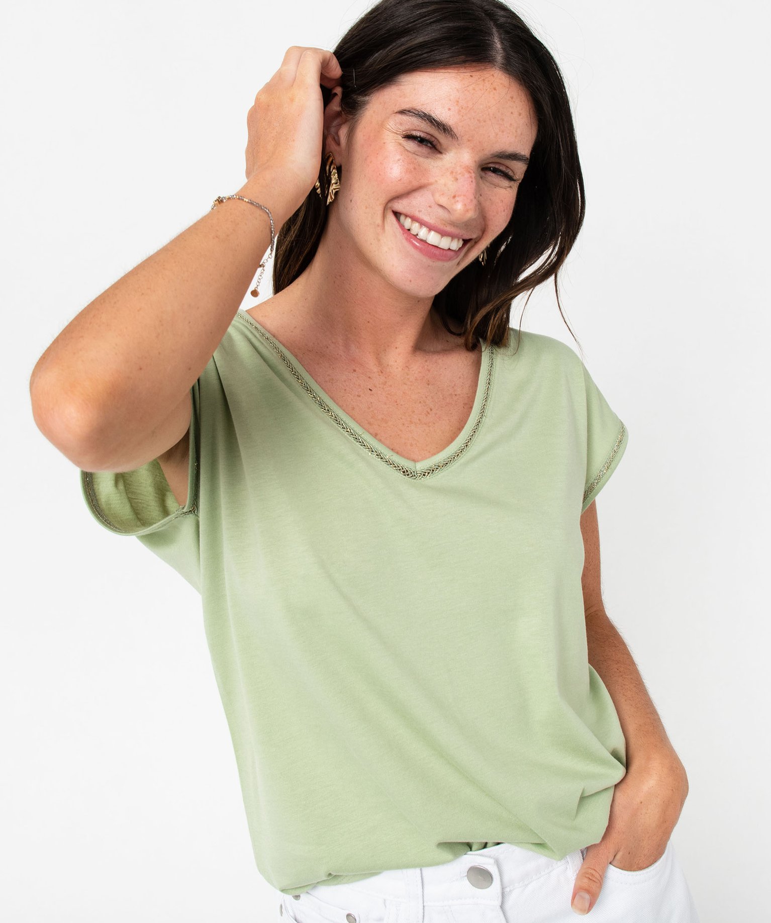 Tee-shirt manches courtes à finition tressée pailletée femme kaki | GEMO