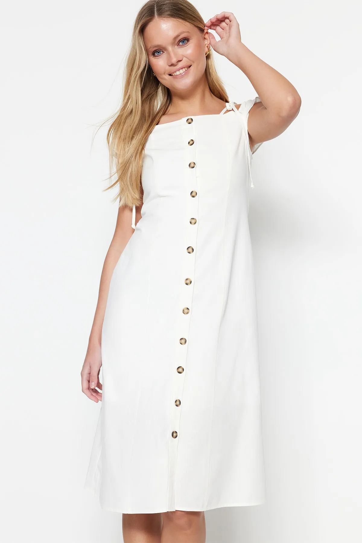 Trendyol Collection  Ecru Tall A-Cut Midi Woven Carmen Collar Woven Dress TWOSS22EL00357