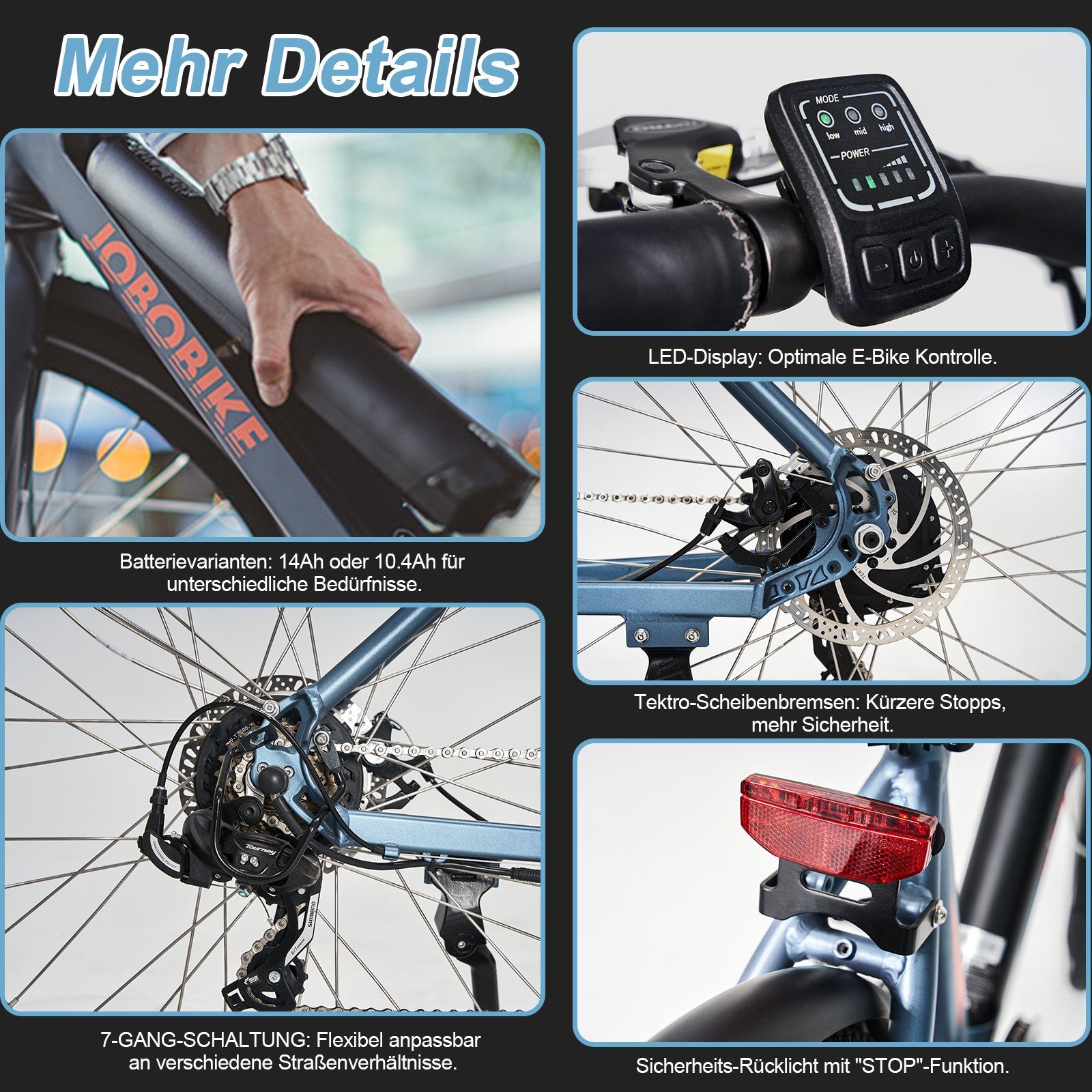 JOBOBIKE E-Bike 27,5 Zoll E-Trekking Viva mit 36V 10,4/14Ah LG Akku, 7 Gang Shimano, Kettenschaltung, Heckmotor, 375,00 Wh Akku, (Elektrofahrräder mit abnehmbar Akku), City-Pedelec für Damen Herren 160 - 185 cm