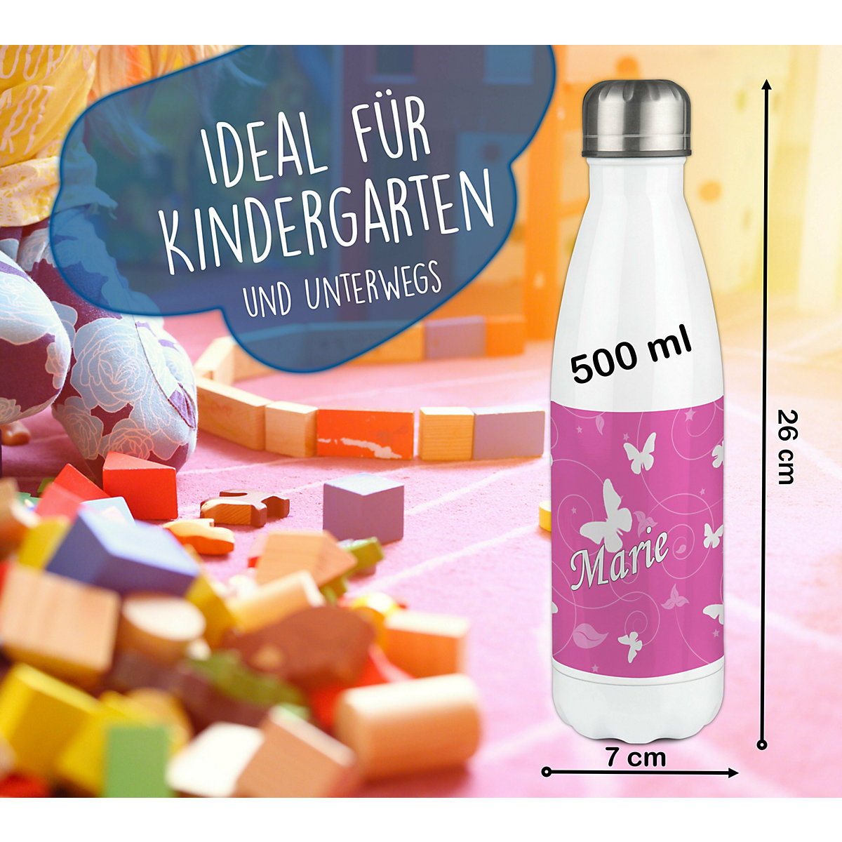 Edelstahl Kinder Thermoflasche / Trinkflasche bunt Schmetterling Ornamente Farbe rosa Spülmaschinenfest, Auslaufsicher, Bruchfest, Doppelwandig, Für Heißgetränke geeignet, Mit Deckel, Isoliert
