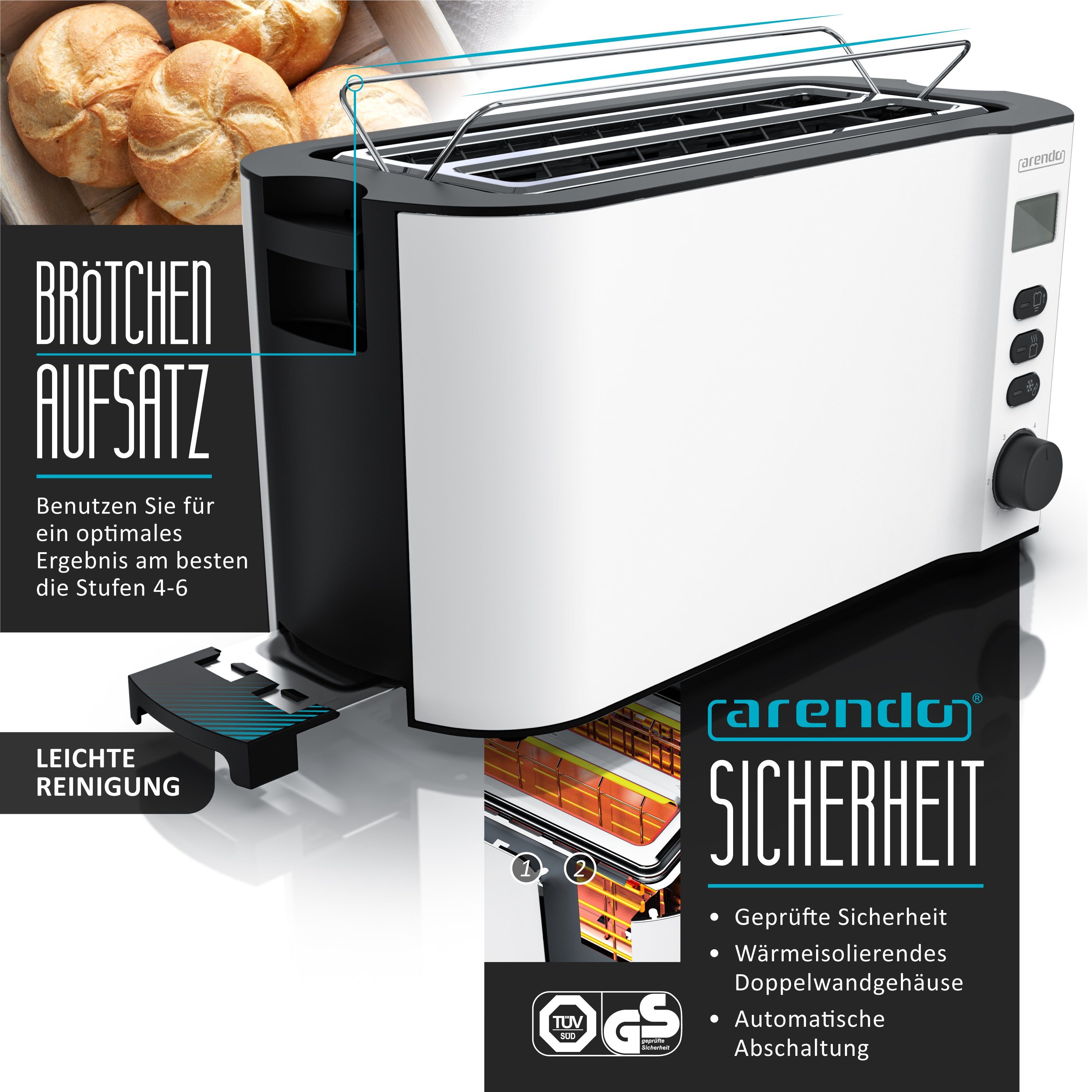 Arendo Frühstücks-Set (2-tlg), Edelstahl Wasserkocher 1,5l, 4-Scheiben Langschlitz Toaster, Weiß Matt