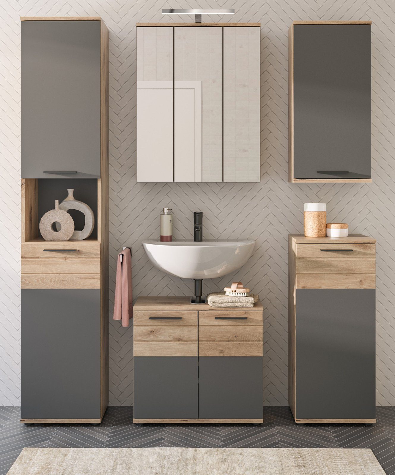 xonox.home Badmöbel-Set Mason, (Set 5-teilig, grau und Eiche), mit Soft-Close