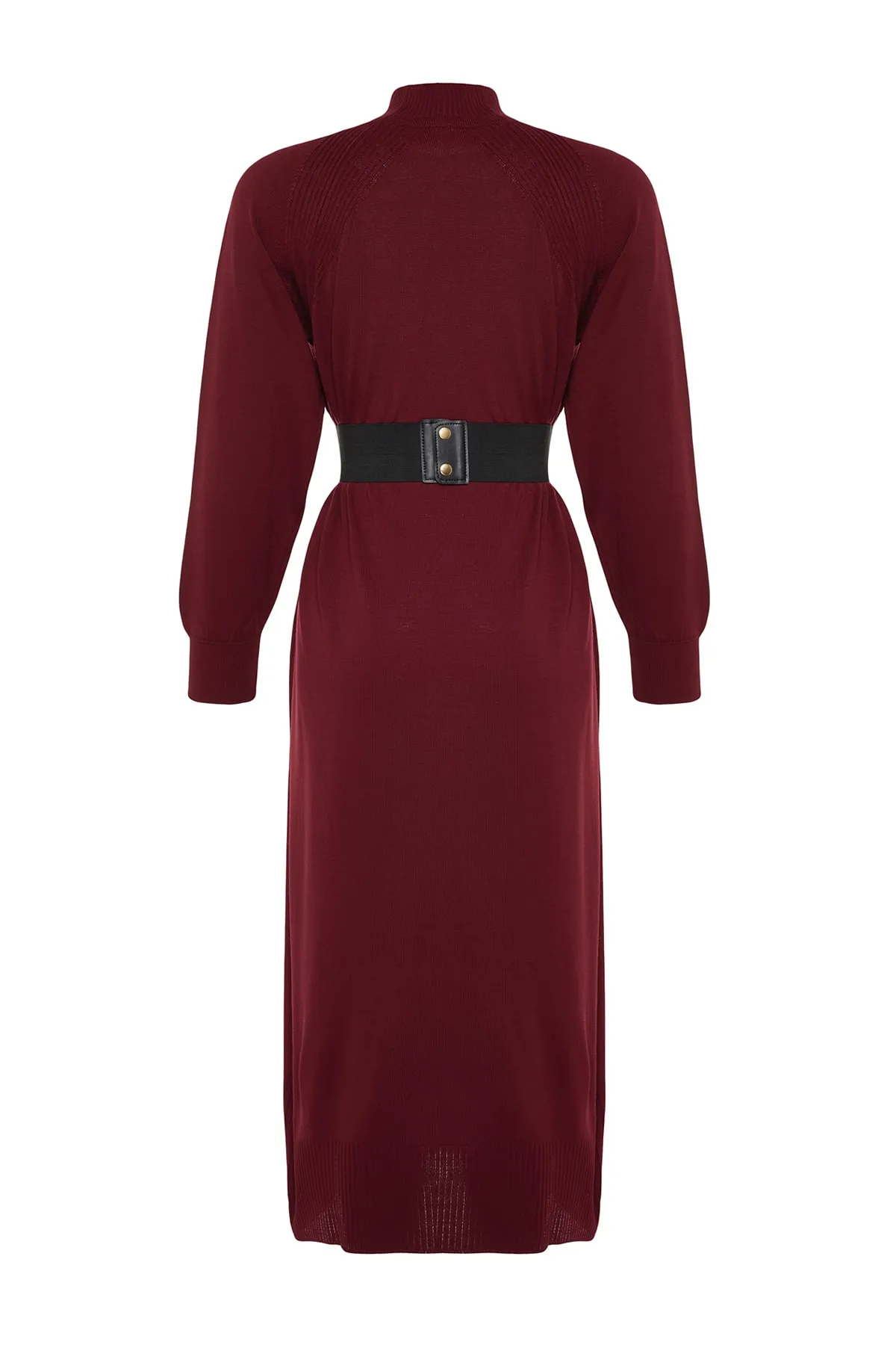 Trendyol Modest  Pflaumenfarbenes Strickkleid aus Kunstleder mit Gürtel und Stehkragen TCTAW24EB00030