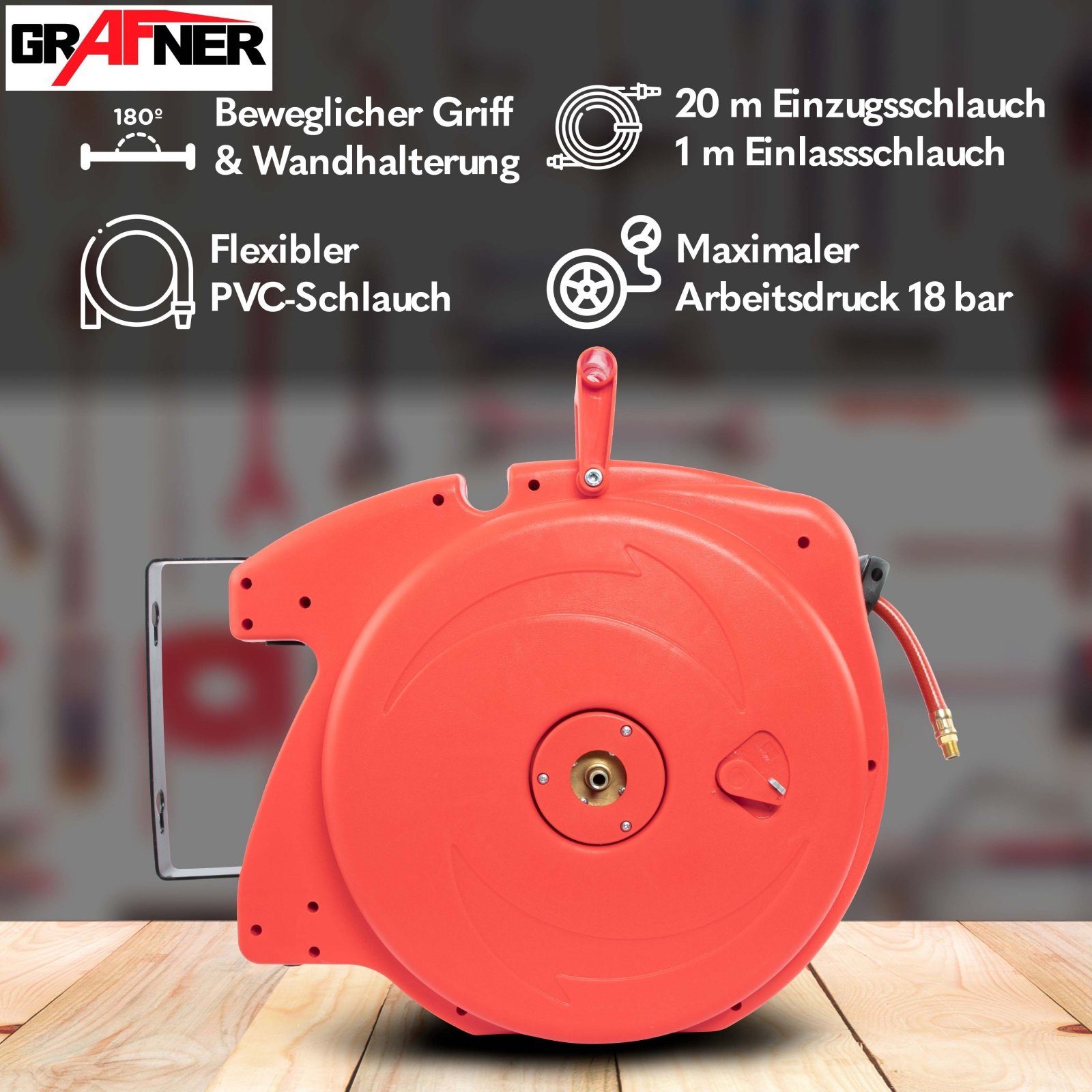 Grafner Schlauchtrommel Automatik Schlauchtrommel 20m Druckluft Schlauch Aufroller AS10932, (Set, Komplett), 1/4 Schnellkupplung, 20m Schlauch