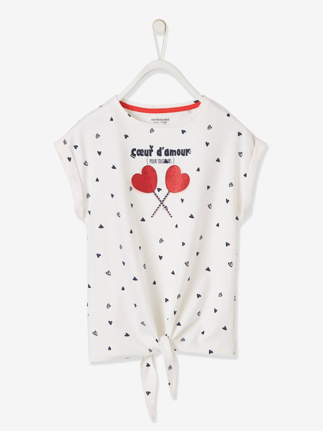Vertbaudet Mädchen T-Shirt mit Glitzerherzen Oeko-Tex - weiß bedruckt