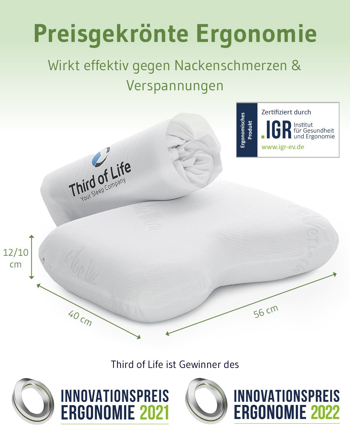 Third of Life Seitenschläferkissen Aloe Vera Kopfkissen NuMOON, Ergonomisches Visco-Schaumkissen mit hautpflegendem Bezug
