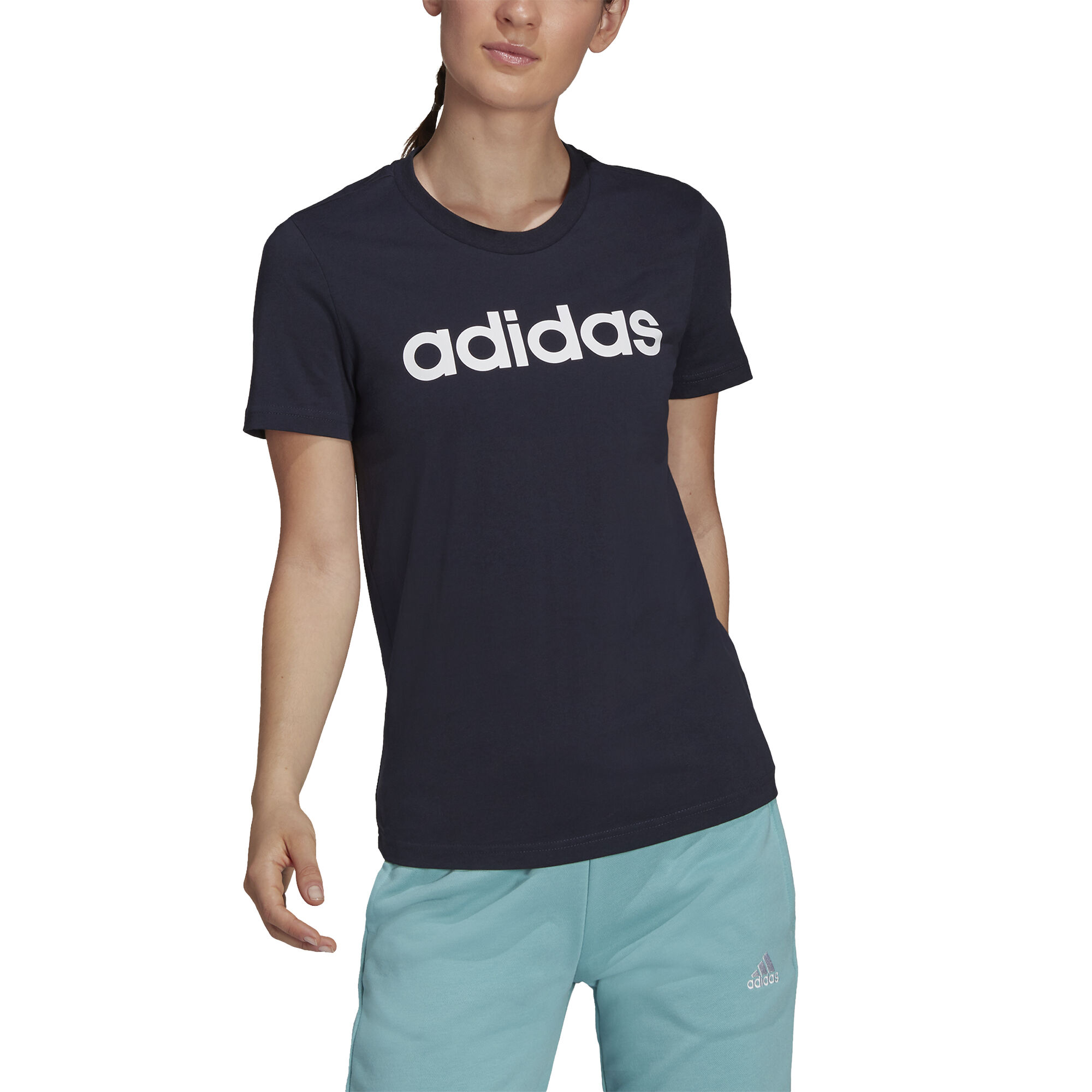 Linear T-Shirt Damen - Dunkelblau, Weiß