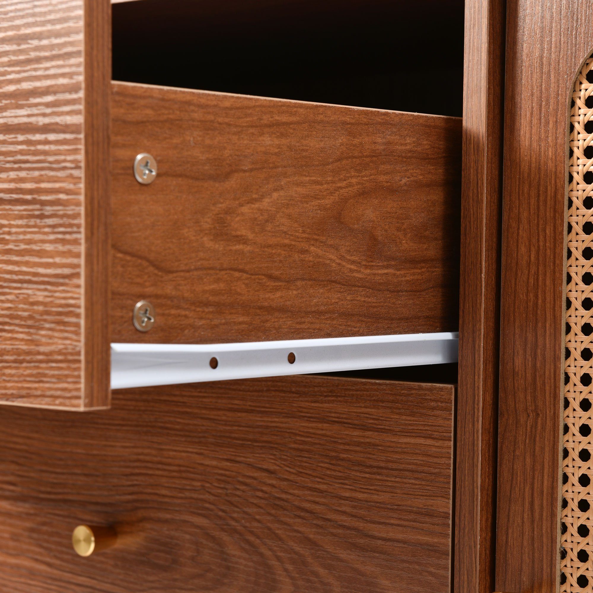 Flieks Kommode, Sideboard 3 Schubladen 2 Türen Rattan Nussbaum 150x40x90cm