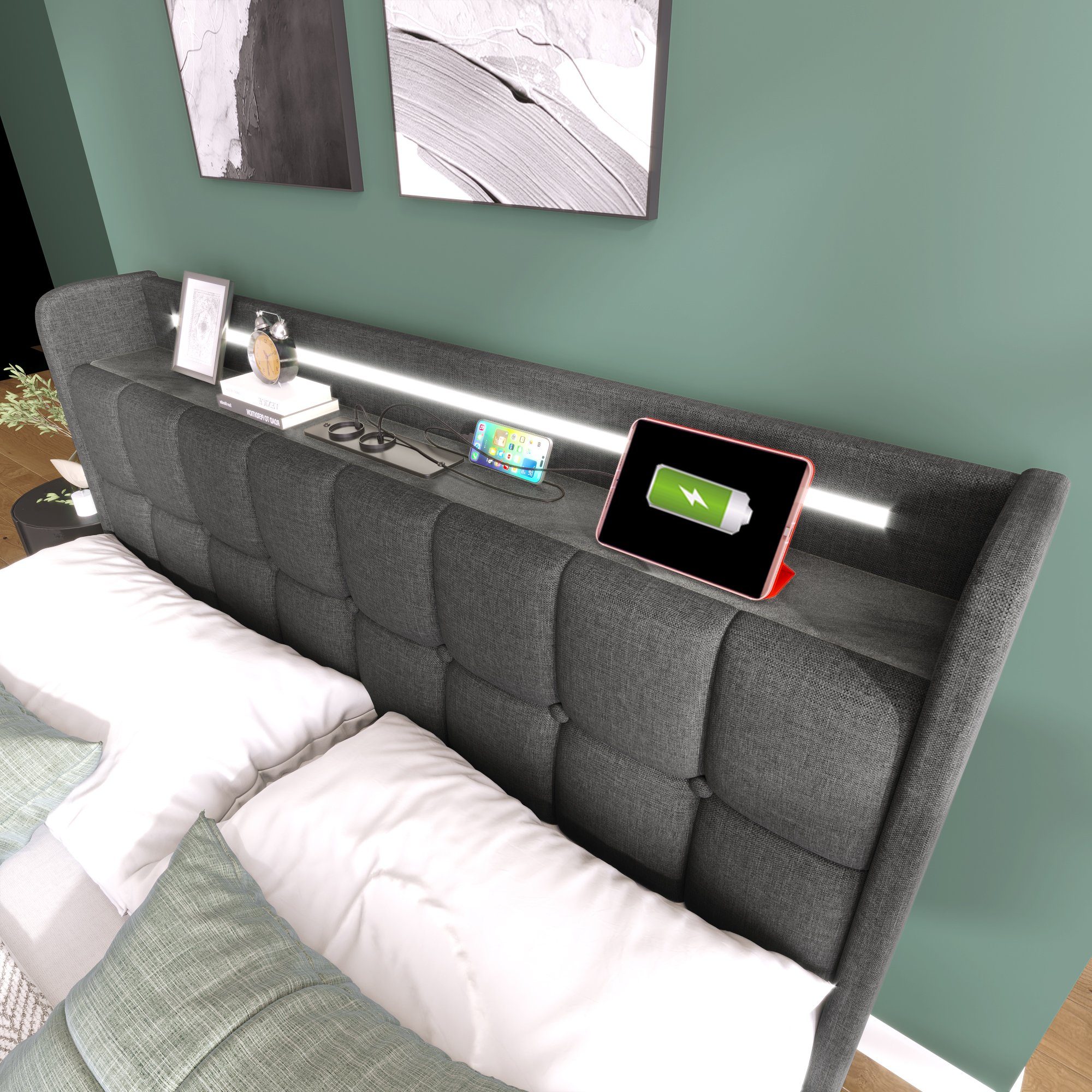 WISHDOR Polsterbett mit aufladen USB Ladefunktion Kopfteil (Mit LED-Beleuchtung und 4 Schubladen, 140x200cm Stauraumbetten Bettgestell (Mit Matratze)