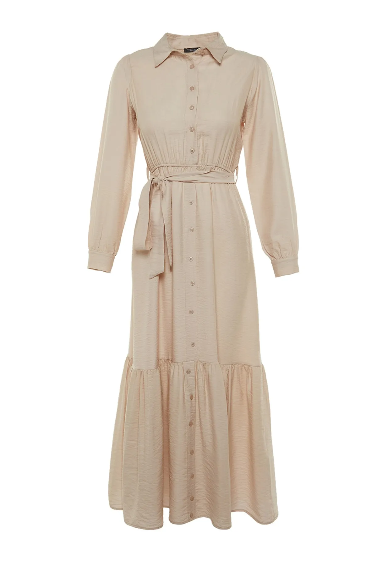 Trendyol Modest  Beiges Hemdblusenkleid aus Webstoff mit Gürtel, Schulterdetail, Rock und Volant TCTSS21EL3887