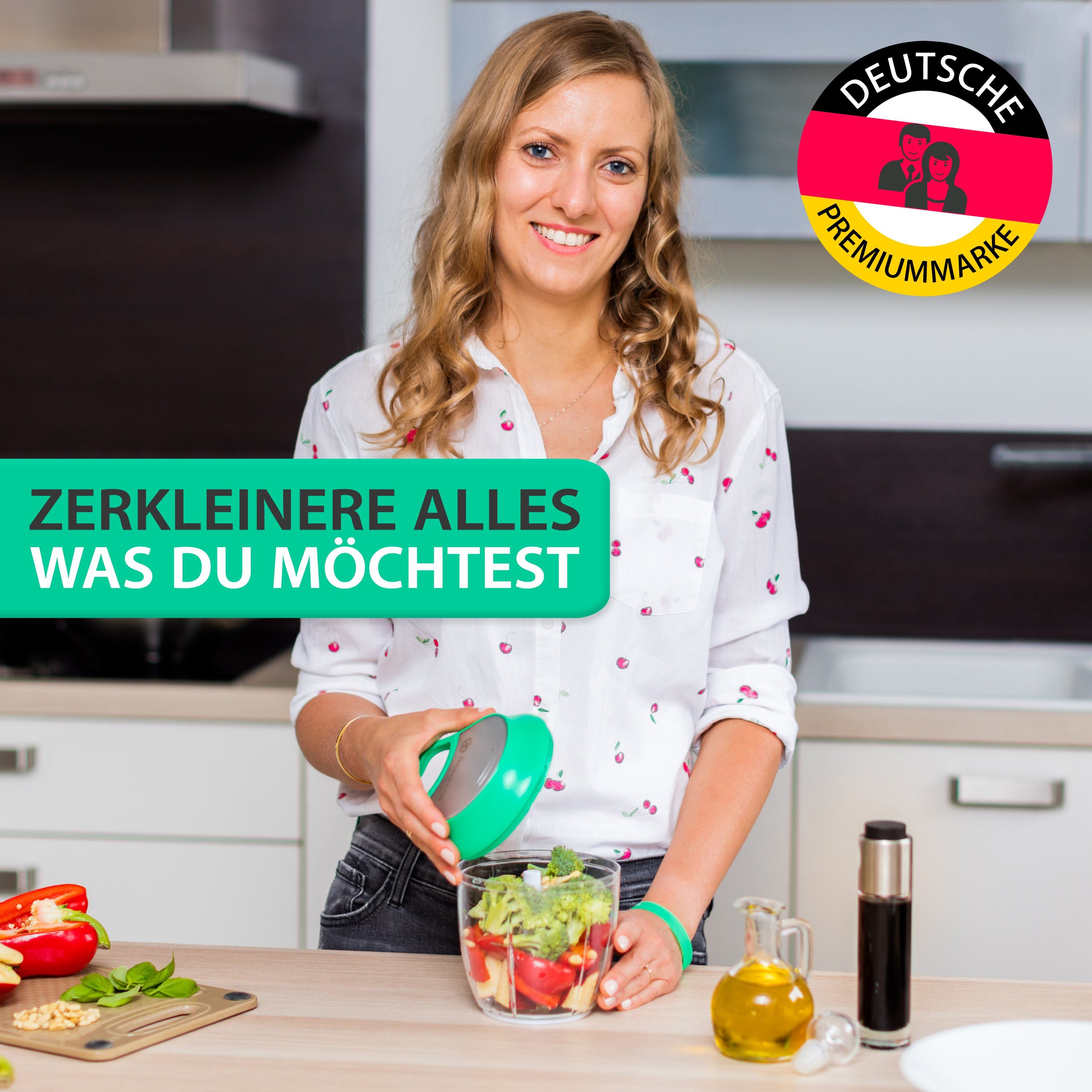freegreen® Zwiebelhacker 940 ml, Multi-Zerkleinerer I Zwiebelschneider I Universalzerkleinerer, Edelstahl Gemüseschneider mit Mixer-Einsatz und Frischhaltedeckel