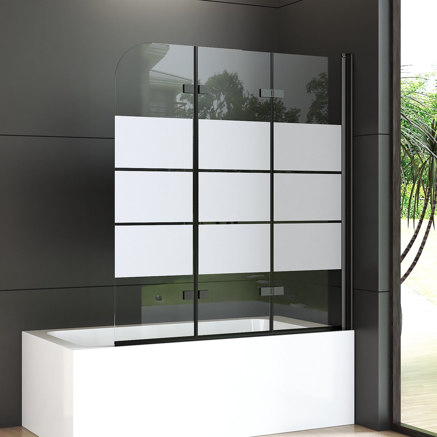 Boromal Badewannenfaltwand Badewannenaufsatz Duschwand 3-teilig Schwarz Faltbar 120cm-130cm, Einscheibensicherheitsglas, 6mm ESG Sicherheitsglas klarglas