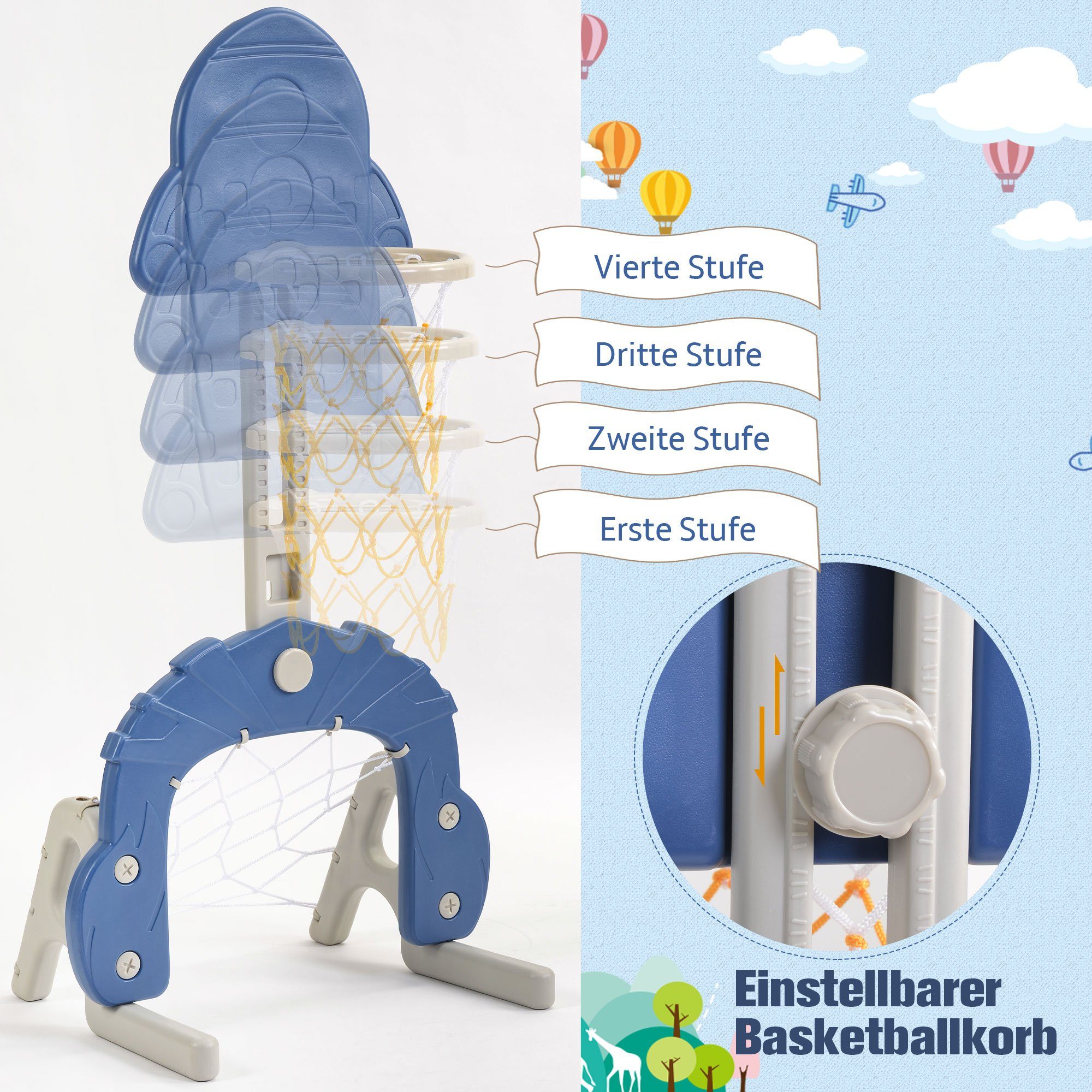 WISHDOR Indoor-Rutsche 5 in 1 Rutsche Kinderrutsche Fun-Slide Schaukel Kleinkinderrutsche, (Schaukel Rutsche Gartenrutsche, multifunktional mit Basketballkorb Fußballtor Kletterturm), mit Rutschbahn für 2-8 Jahre Kinder Indoor & Outdoor