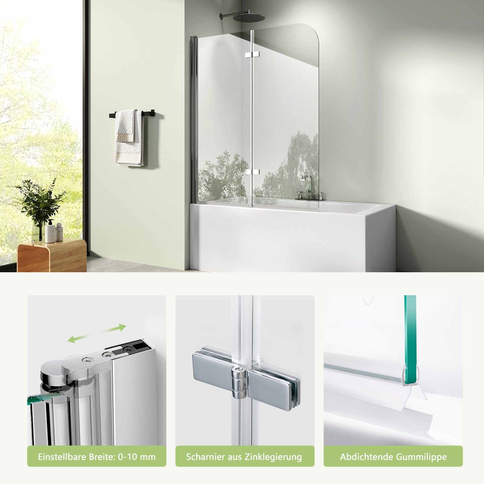 S'AFIELINA Badewannenfaltwand Badewannenabtrennung aus Glas, Spritzschutz für Badewanne,2 Stück, Sicherheitsglas, 6mm ESG Clear NANO Beschichtung ESG-Sicherheitsglas