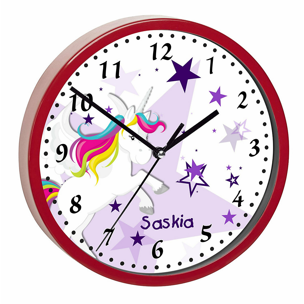 Kinder Wanduhr personalisiert mit Name Pegasus Sterne Lila