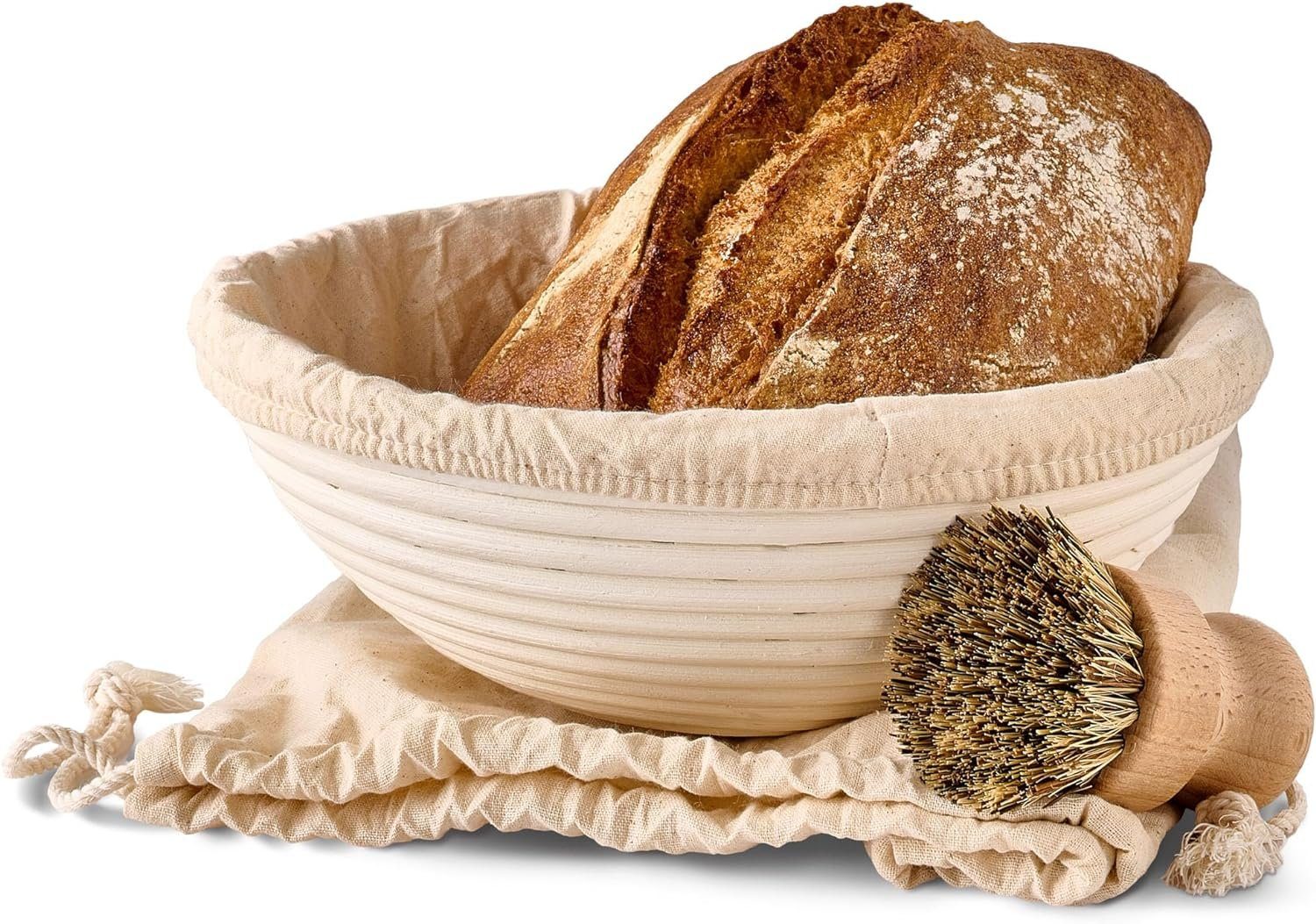 Praknu Gärkorb Für Brot Rund 25 cm 1kg - Gärkörbchen für Brotteig zum Brotbacken, Aus nachhaltigem Rattan - Geruchsneutral - Mit Backutensilien