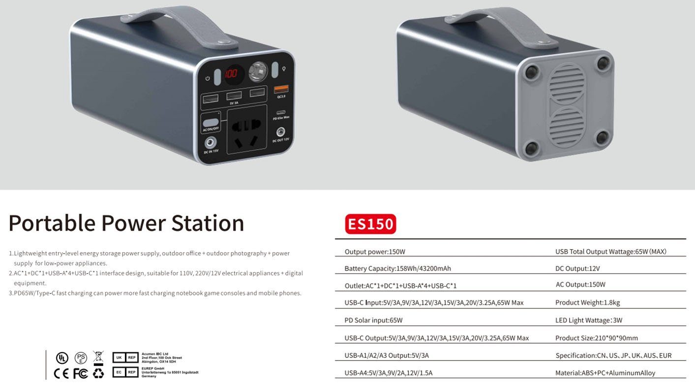 oyajia Stromerzeuger 150Wh Powerstation Generatoren Ladestation, Schnelles Laden 65W PD, Tragbare 158Wh Powerbank, 43200mAh LiFePO4, 150W Ausgang