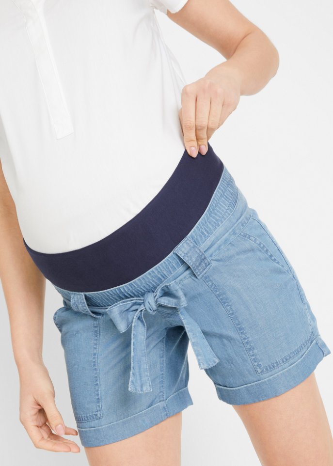 Umstandsshort mit Leinen in Jeans-Optik