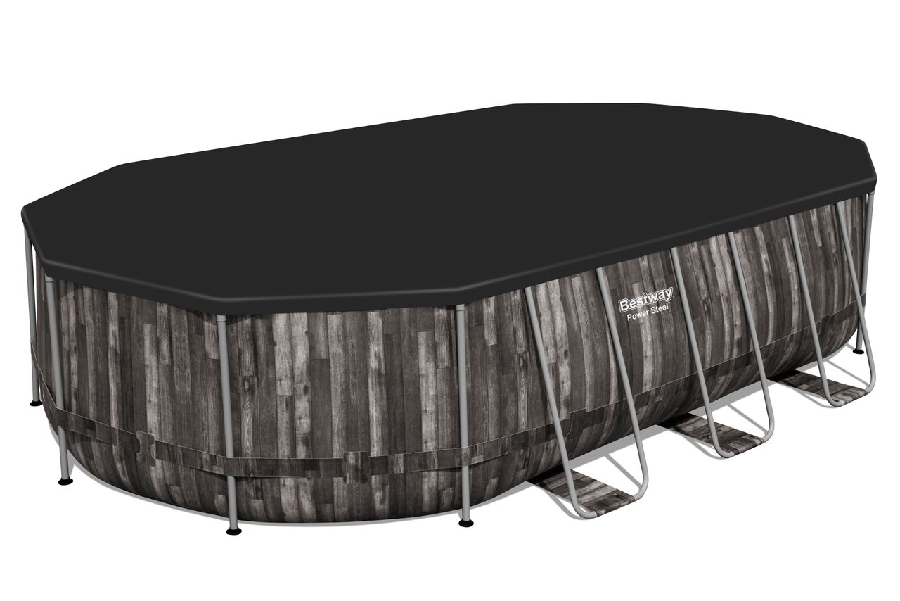 Bestway Power Steel™ Frame Pool Komplett-Set mit Filterpumpe, Holz-Optik (Mooreiche), oval 610 x 366 x 122 cm