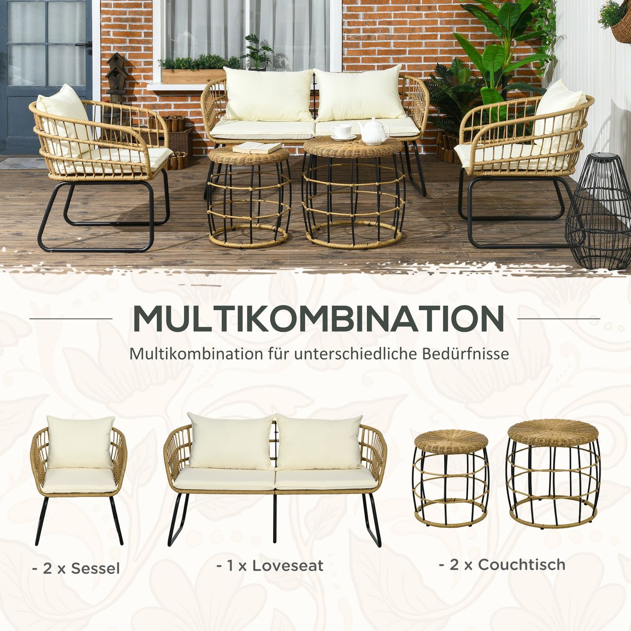Outsunny 5 tlg. Rattan Gartenmöbel-Set, Gartengarnitur Sitzgruppe mit Kissen