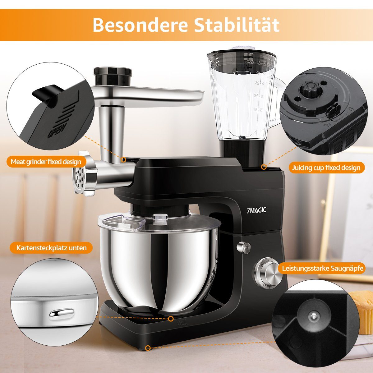 7Magic Küchenmaschine 5 in 1 Multifunktions Standmixer, 1500 W, 7 l Schüssel, 6+0 Geschwindigkeiten und vollem Zubehör
