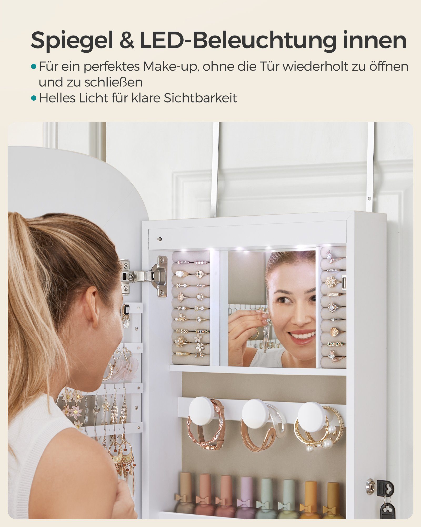 SONGMICS Schmuckschrank Spiegelschrank Wandschrank, mit LED-Beleuchtung