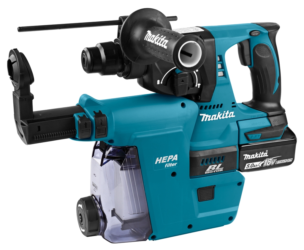 Makita DHR242RTJW Kombihammer, 18 Volt, 5,0 Ah Li-Ion-Akku + DX06 integrierte Staubabsaugung mit HEPA-Filter