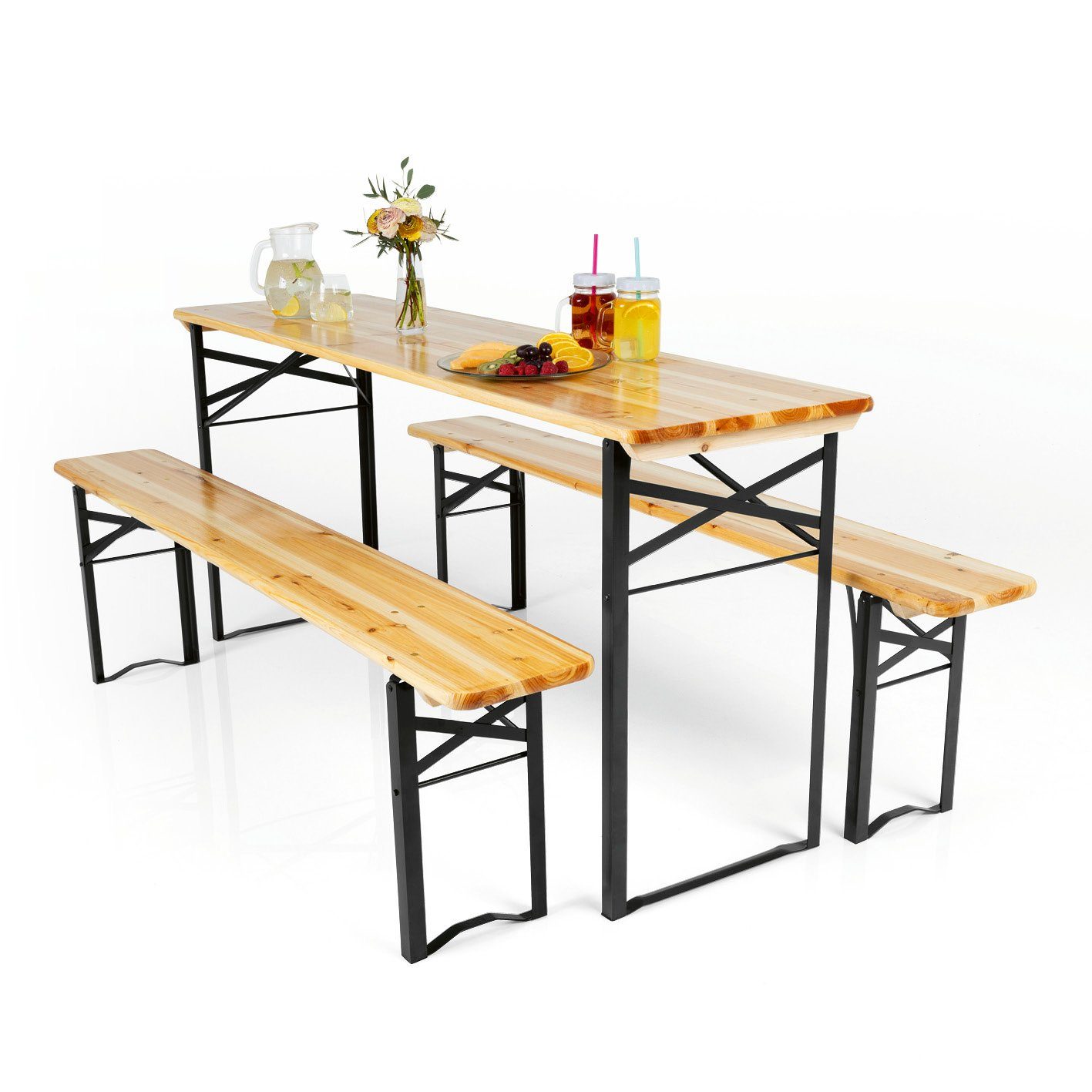 EASYmaxx Bierzeltgarnitur Set (1 Tisch & 2 Bänken) 170cm holzfarben/schwarz, (3-tlg)