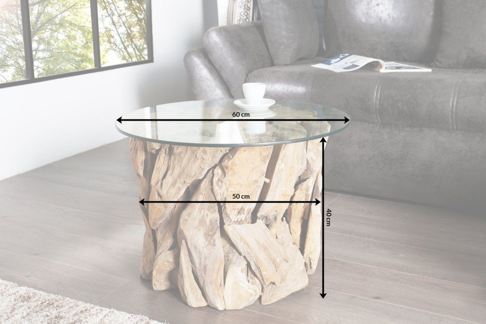 riess-ambiente Couchtisch RIVERSIDE 60cm natur / transparent, Wohnzimmer · Massivholz-Gestell · Glasplatte · rund · Handarbeit