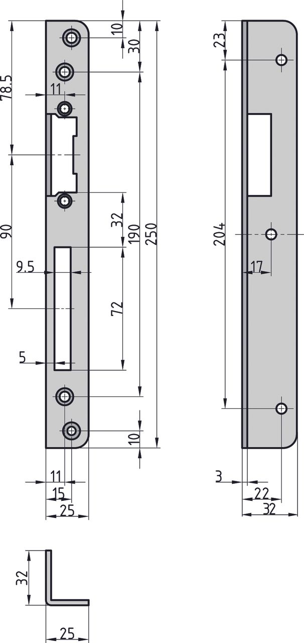 Basi Winkelschliessblech - WS 950 - nickel-silber - rund - 250x25x3 mm - DIN Rechts