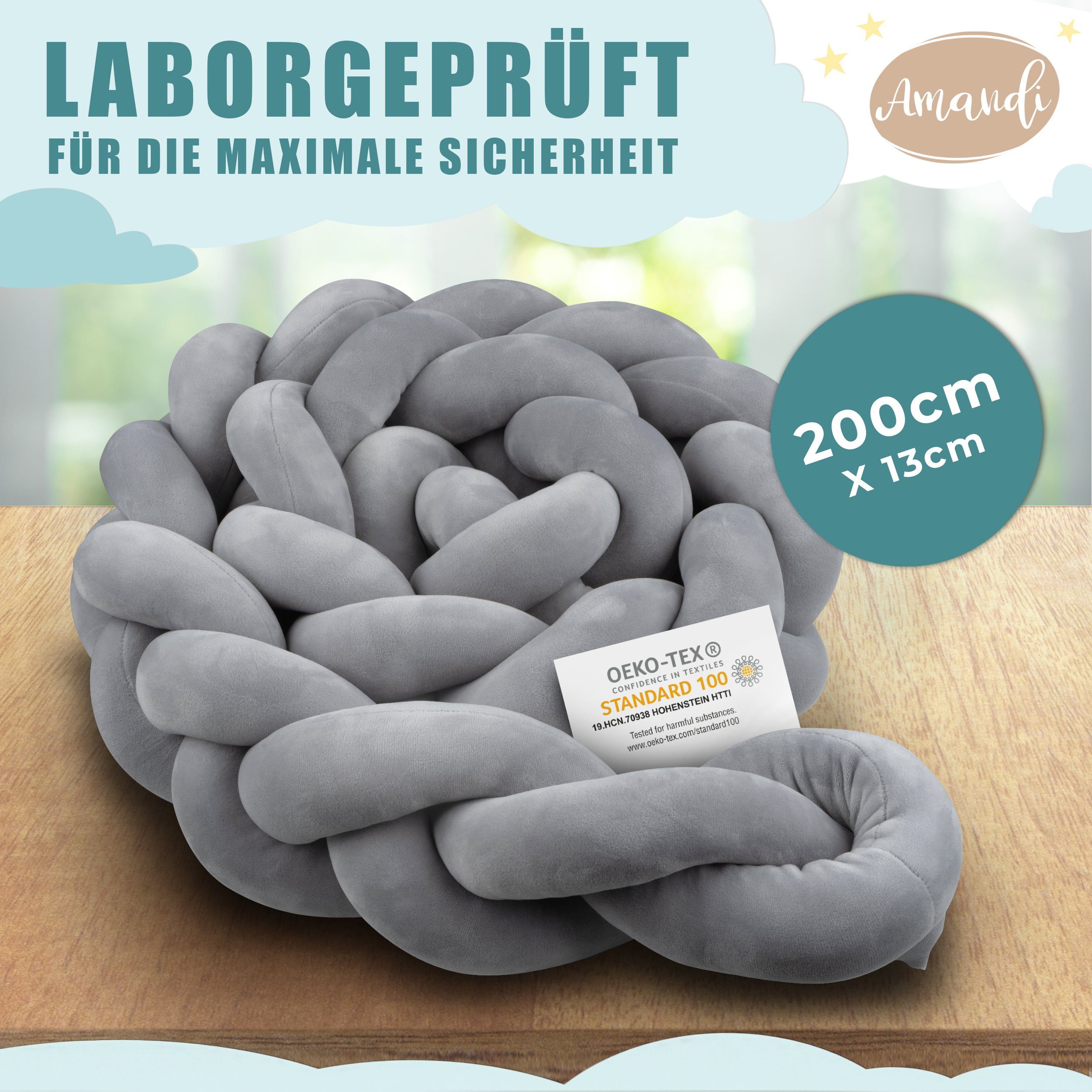 Amandi Bettnestchen Amandi Bettschlange – Bettumrandung Babybett – Länge 2m – Nestchen, Laborgepürft, Ideal waschbar, Antiallergisch, Hautfreundlich