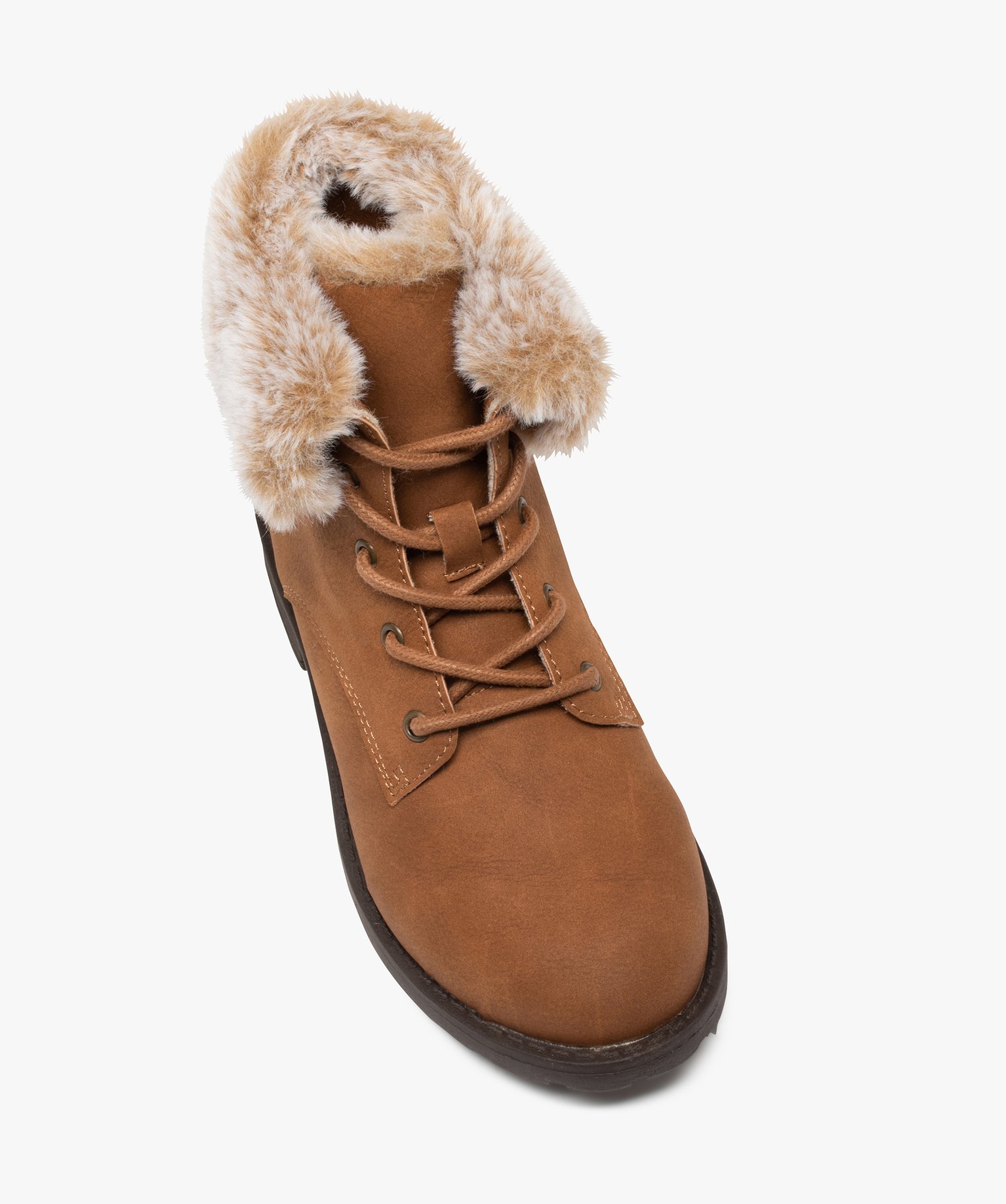 Bottines fille unies avec col fourré fermeture lacets camel | GEMO