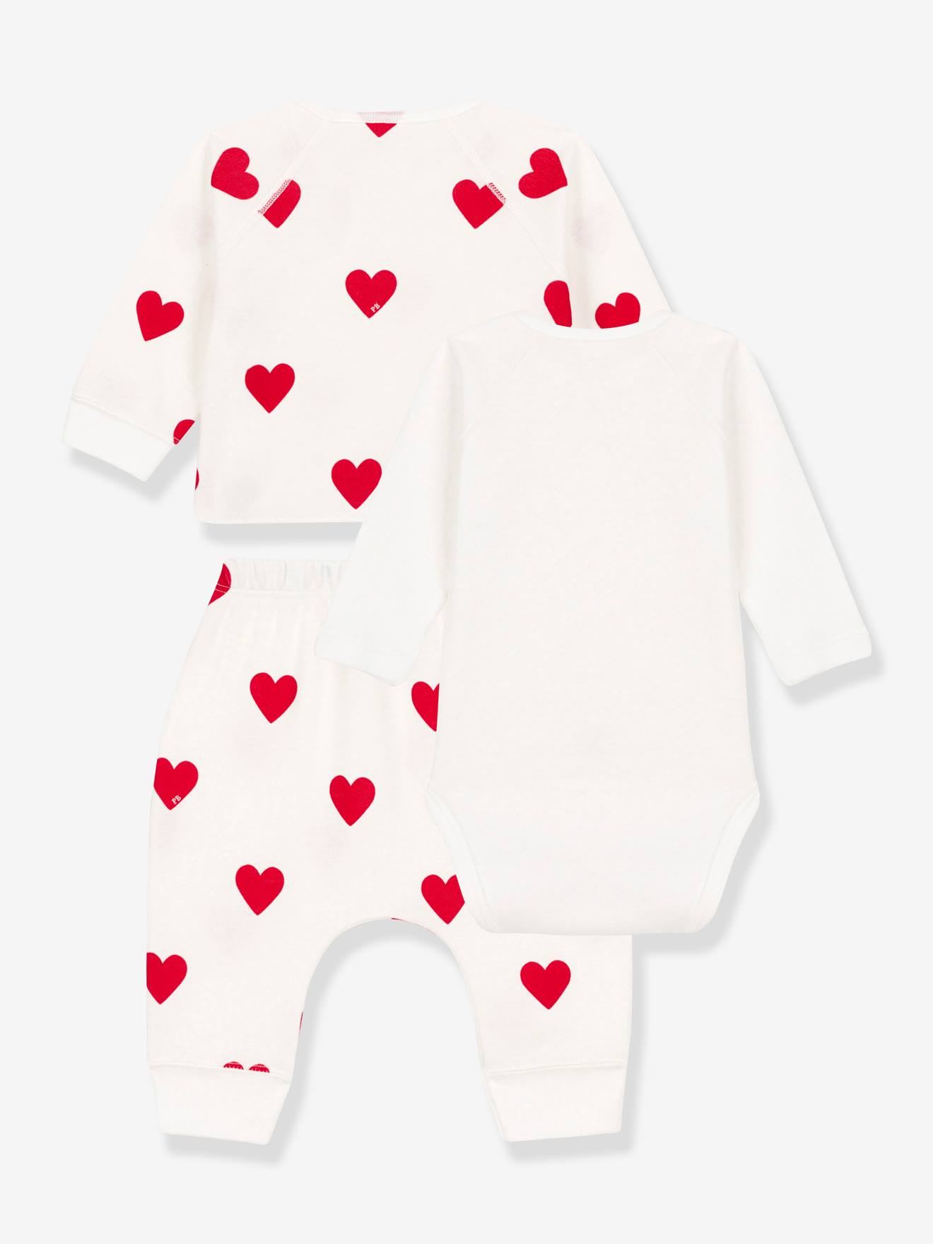 Ensemble 3 pièces coeurs bébé en coton PETIT BATEAU blanc