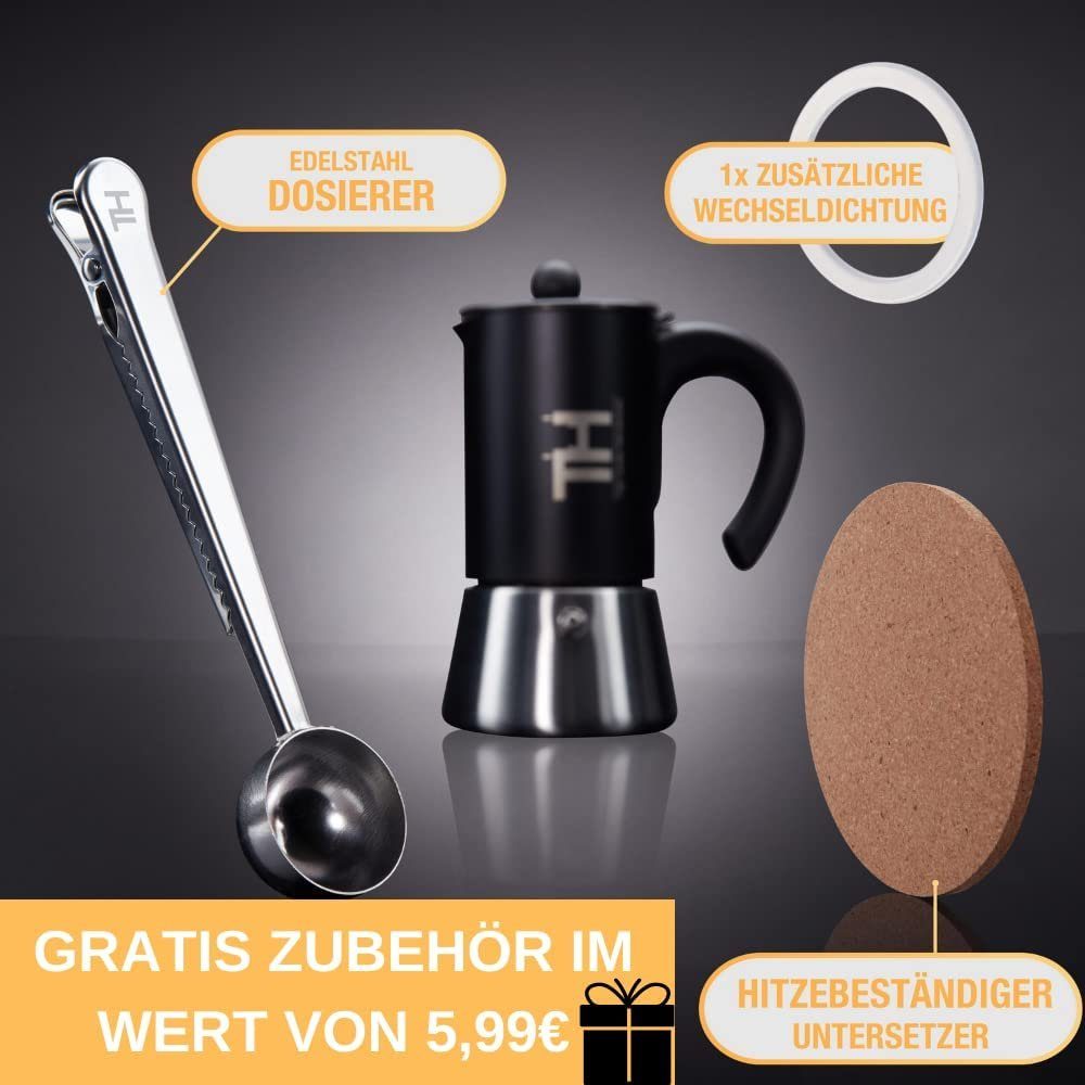 Thiru Espressokocher Espressokocher Induktion , Espressokanne Edelstahl, Edelstahl Filter, Premium Mokkakanne aus Edelstahl inkl. Toolset