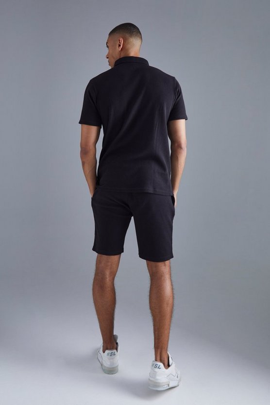 Slim-Fit Poloshirt & Shorts in Waffeloptik