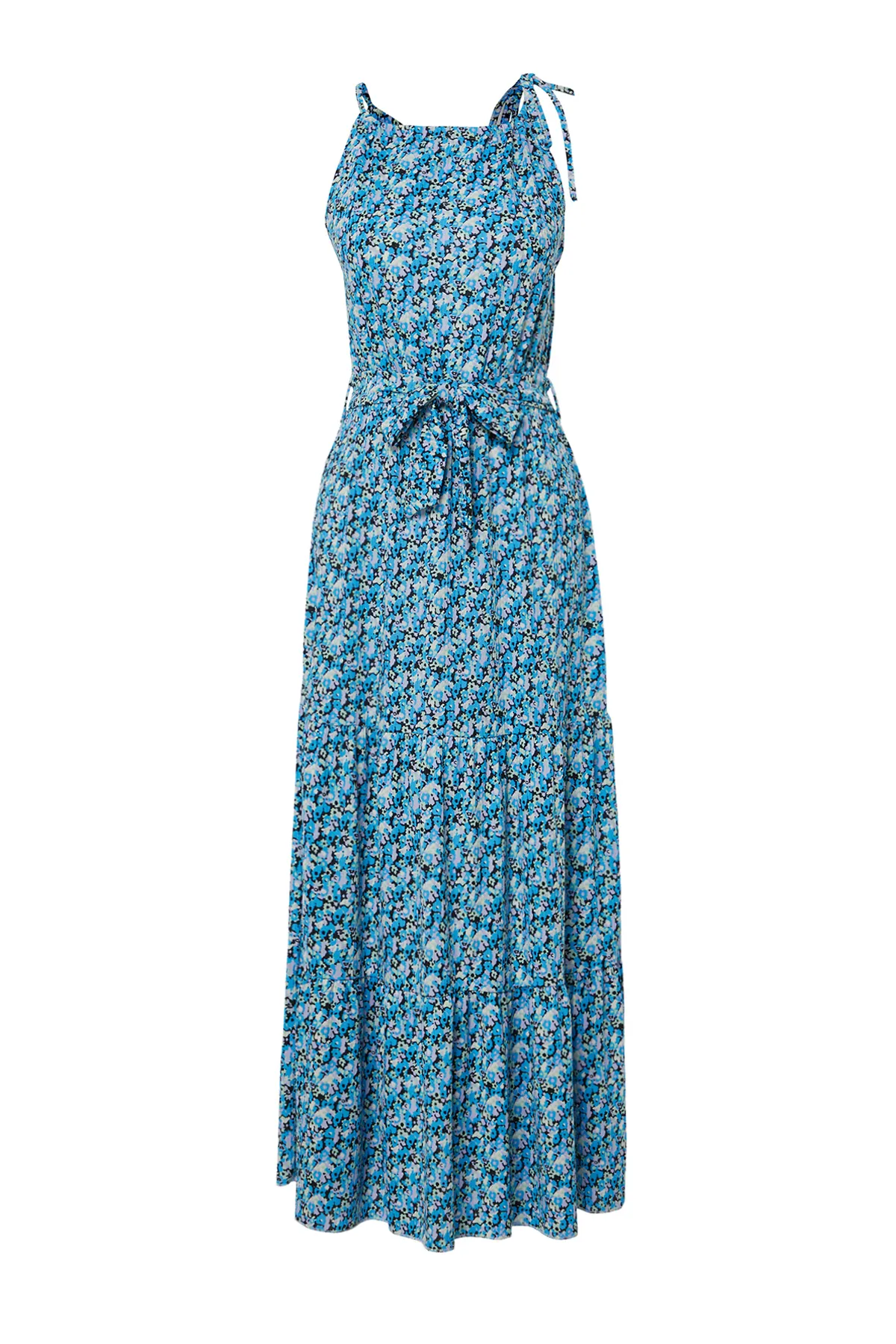Trendyol Collection  Blaues geblümtes Skater-/Taillen-Neckholder-Maxikleid mit geripptem, dehnbarem Strick TWOSS24EL00418